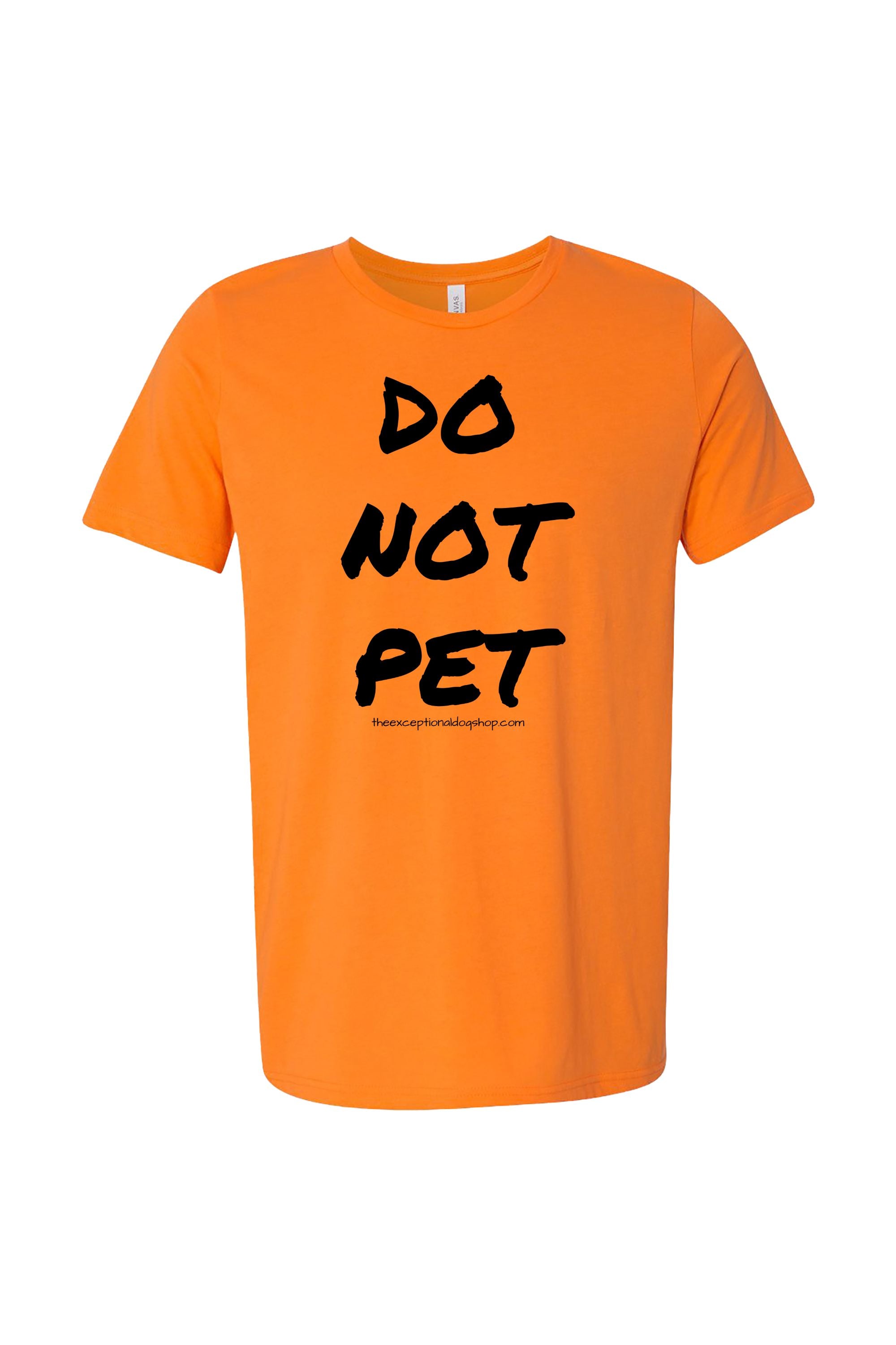 Neon orange dog training t-shirt with large black text that reads "do not pet" on the front.