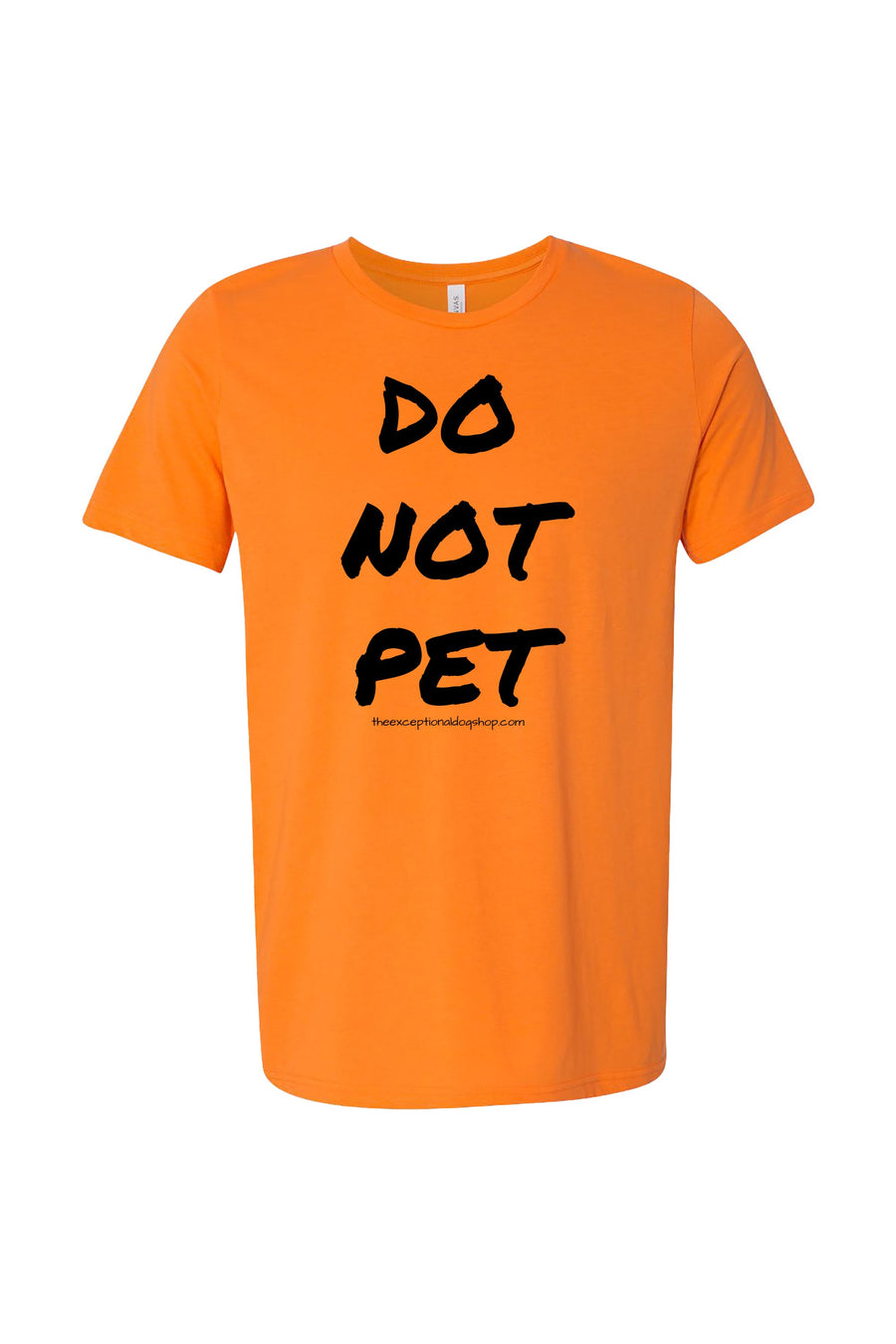 Neon orange dog training t-shirt with large black text that reads "do not pet" on the front.