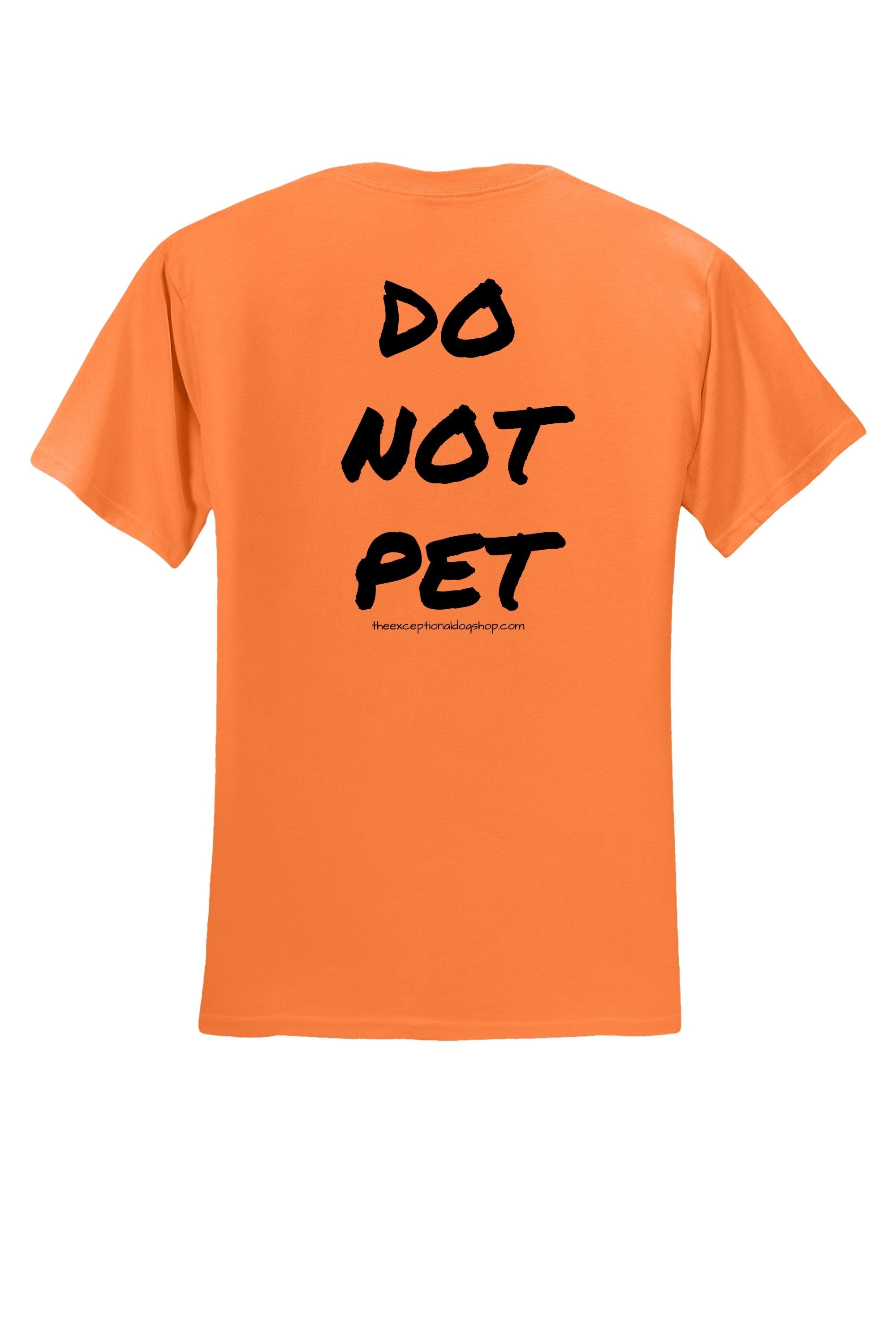 bright neon orange training t shirt with large text that says do not pet on the back.