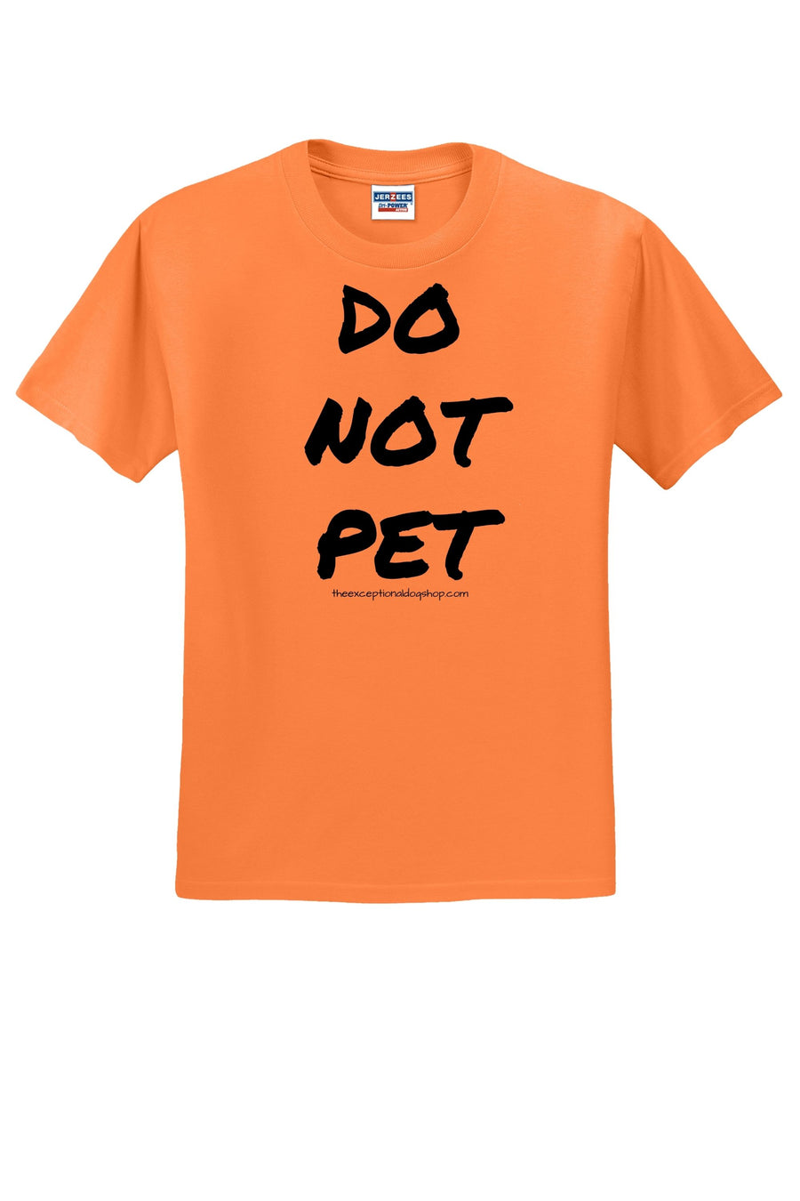 bright neon orange training t shirt with large text that says do not pet on the front.
