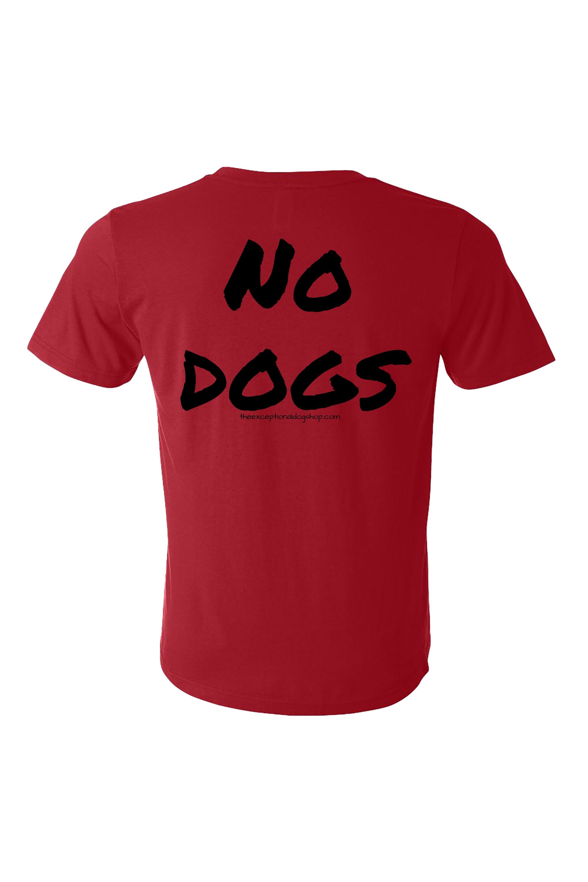 Red dog training t-shirt with 'NO DOGS' text in black on the shirt back.