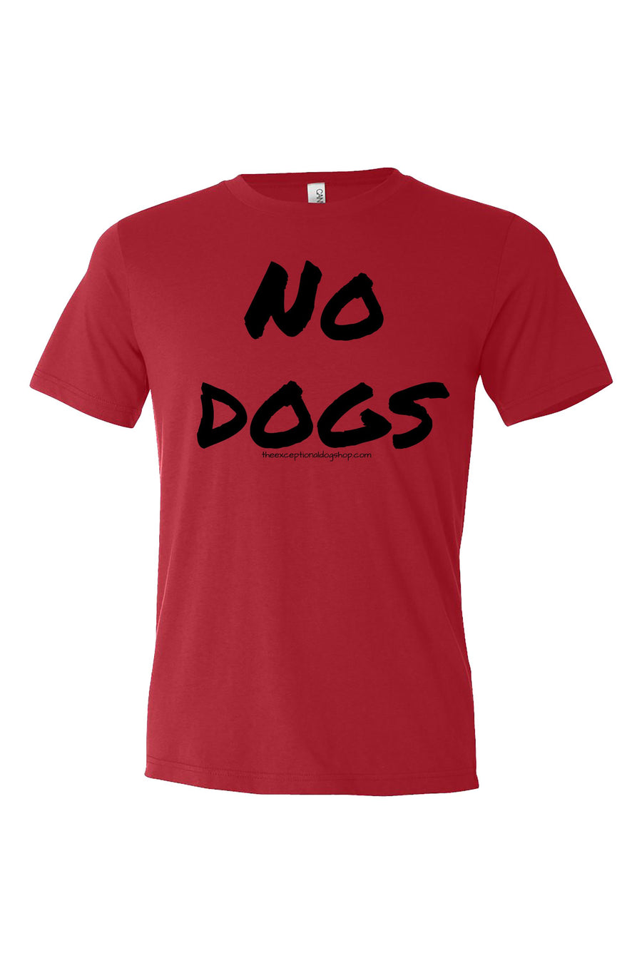 Red dog training t-shirt with 'NO DOGS' text in black on the shirt front.