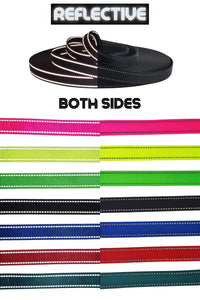 reflective webbing in 1 inch comes in neon pink, neon yellow, neon green, black, royal blue, red, or teal. Reflective webbing has reflective stitching on both edges on both sides of the webbing.