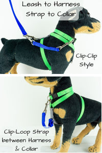 The clip clip style of backup strap is recommended when connecting a leash to the dogs harness and connecting the safety strap between the leash and the dogs collar. The clip loop style works best connected between the front of the harness and the dogs collar, this way the backup strap can remain connected to the harness when it is not being worn.