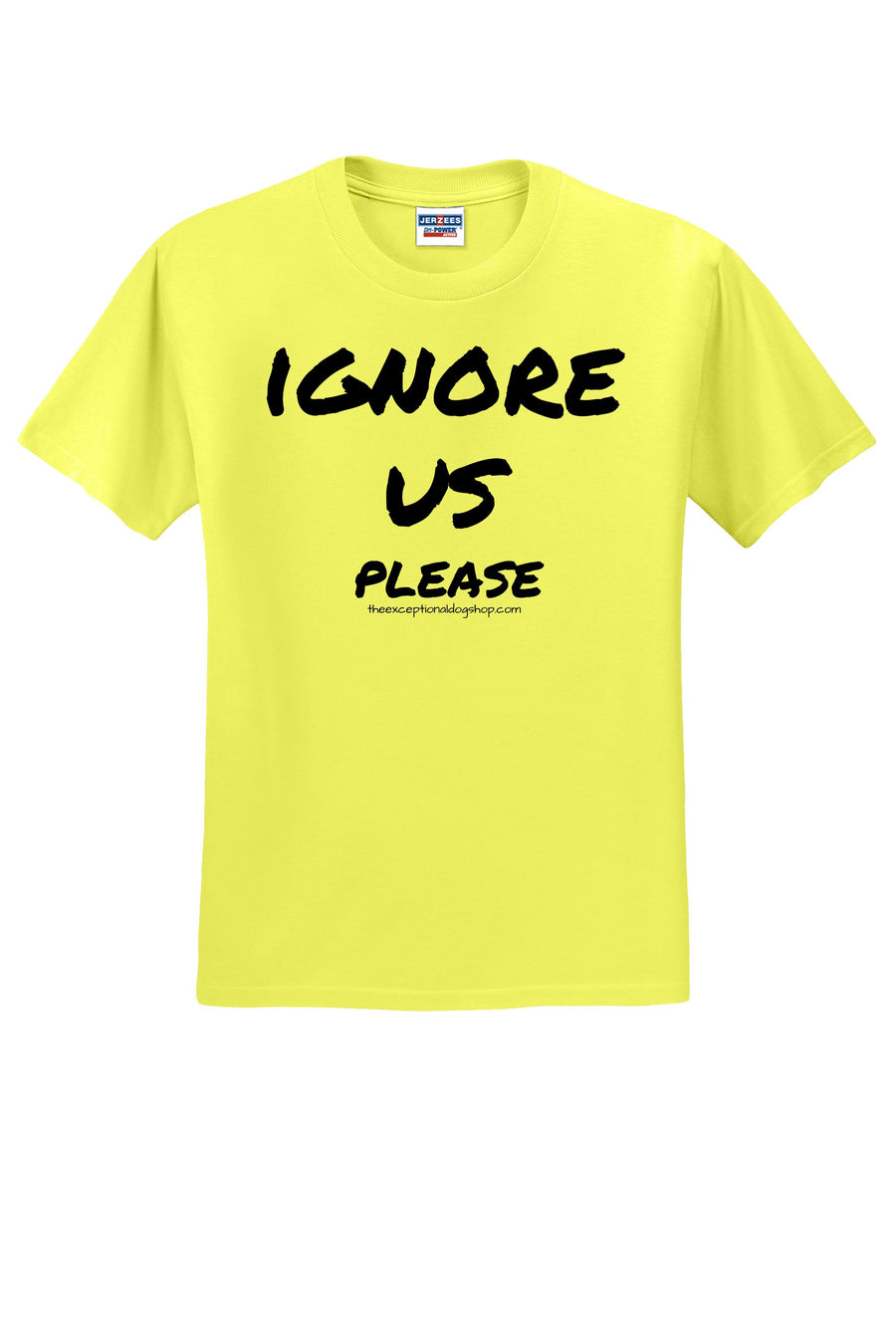 neon yellow training t shirt with the text ignore ups please on the front.