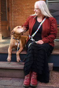 apricot colored mixed breed dog laying at the top of wood stairs, looking up at his guardian sitting next to him. Photo highlights one of the 4 foot hands free leashes connected to a cross body strap.
