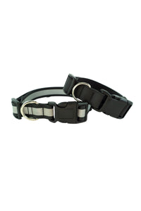 adjustable biothane flat collar is shown in solid black as well as black with a reflective silver strip down the center of the webbing.