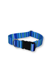 Blue serape sublimated polyester webbing with black plastic buckle is available in five eights inch wide, one inch wide, as well as one and one half inch wide webbing.