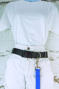 Adjustable length hands free leash in blue shown here clipped to a hands free waist belt.