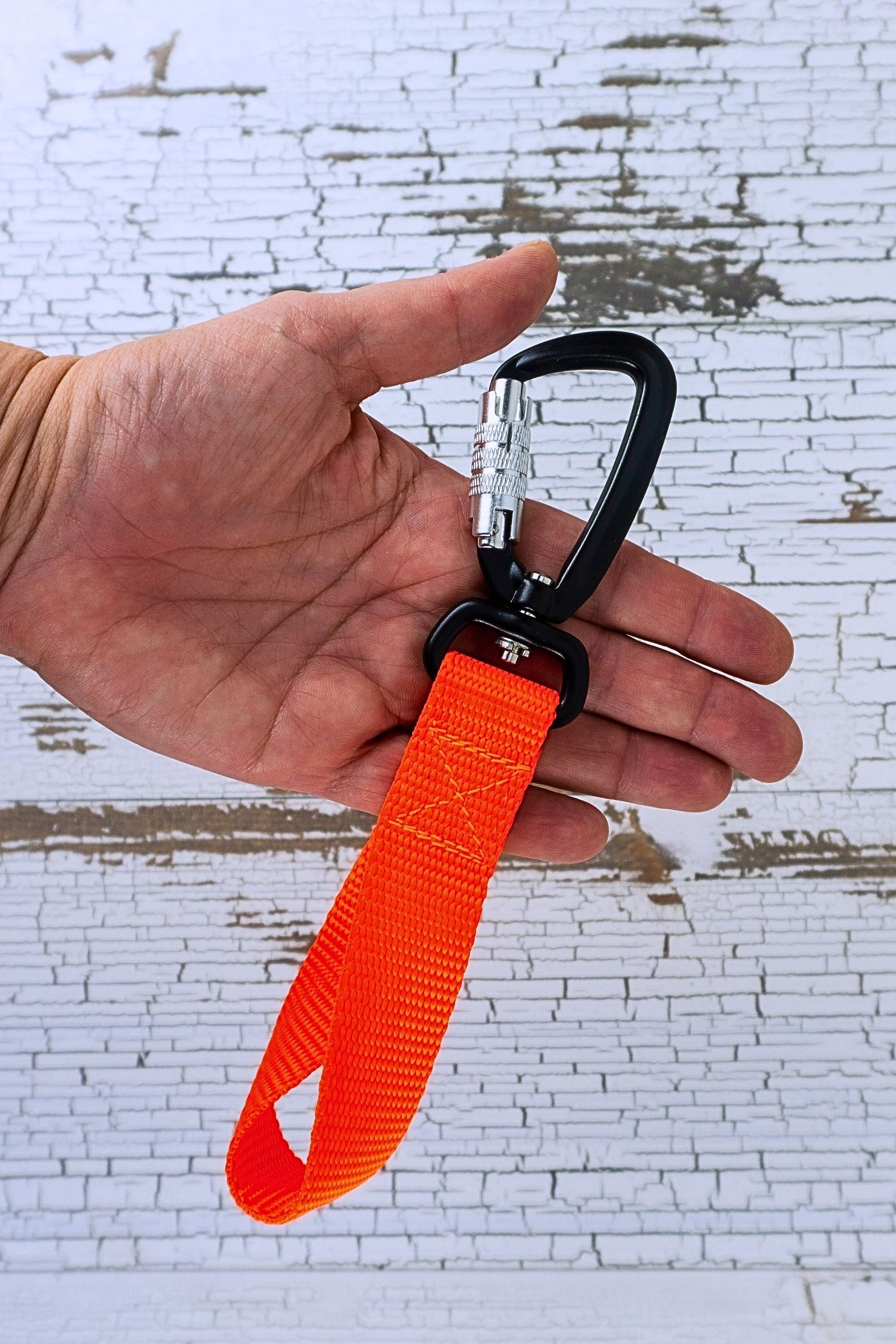 The loop handle leash clip in a neon orange is shown in the palm of an adult hand for scale.  This features a swivel auto locking carabiner.
