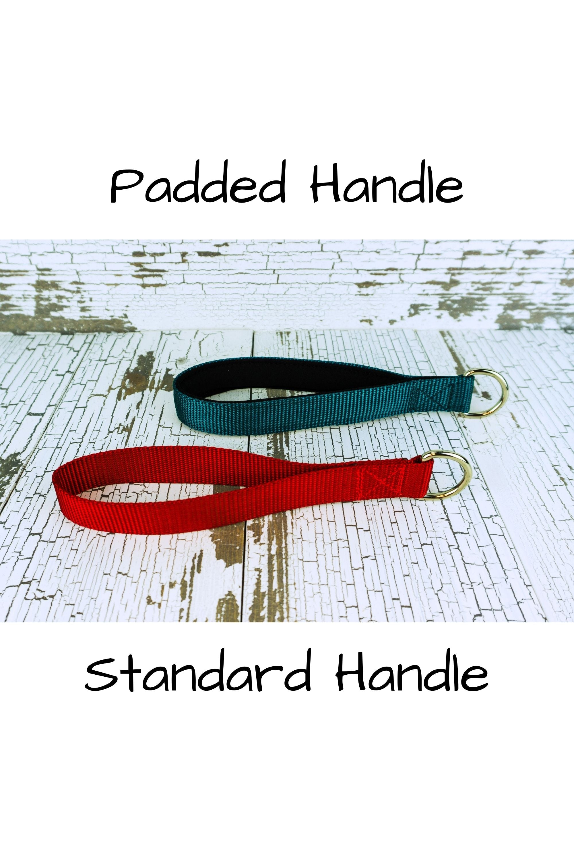Adjustable no pull leashes are available with either standard handles made from heavy duty nylon webbing, or in a handle that is padded with black neoprene.
