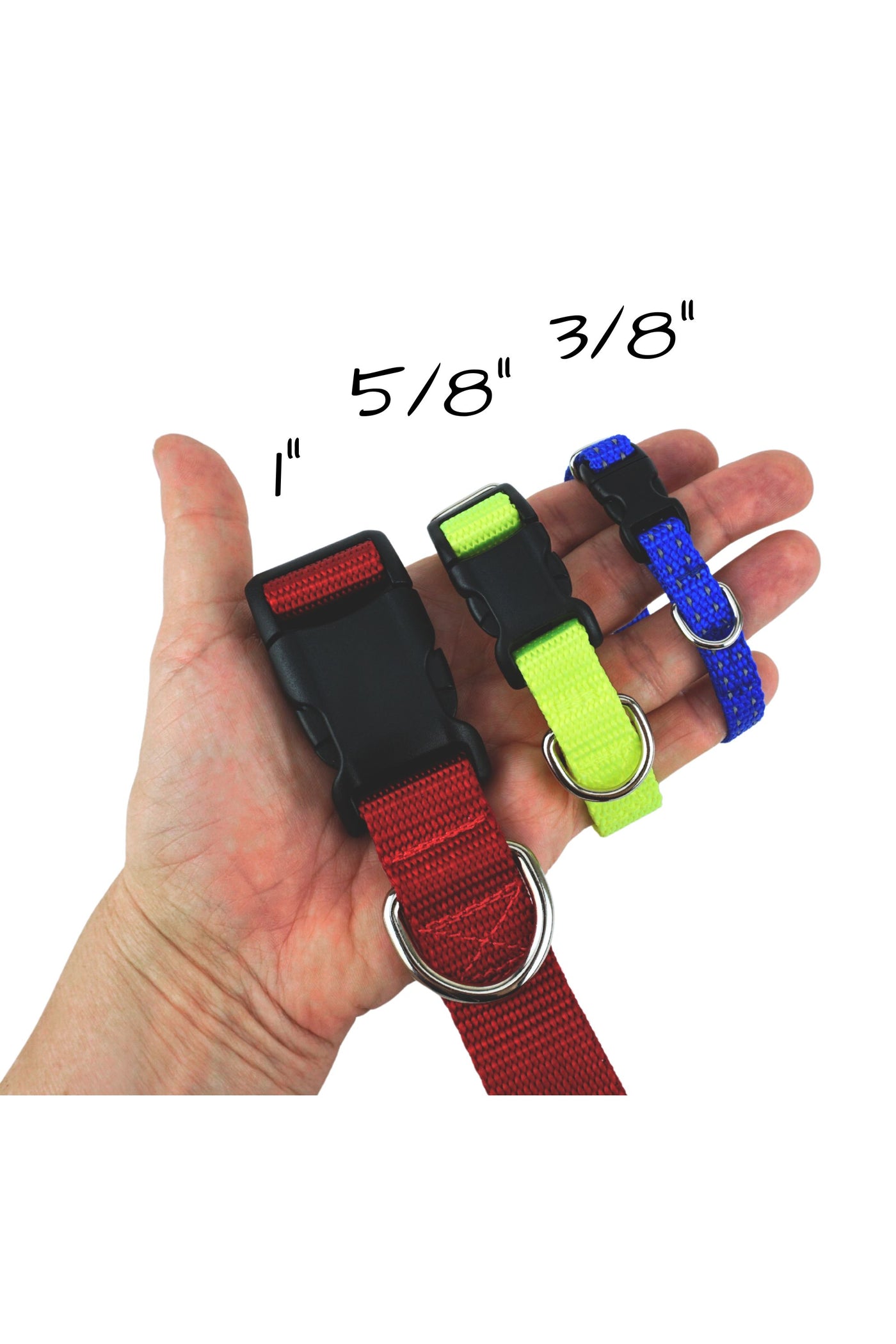 collar width comparison between one inch wide webbing, five eights inch, and three eights inch wide webbing.