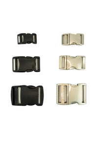 three sizes of adjustable side release buckles shown in both black plastic and aluminum.