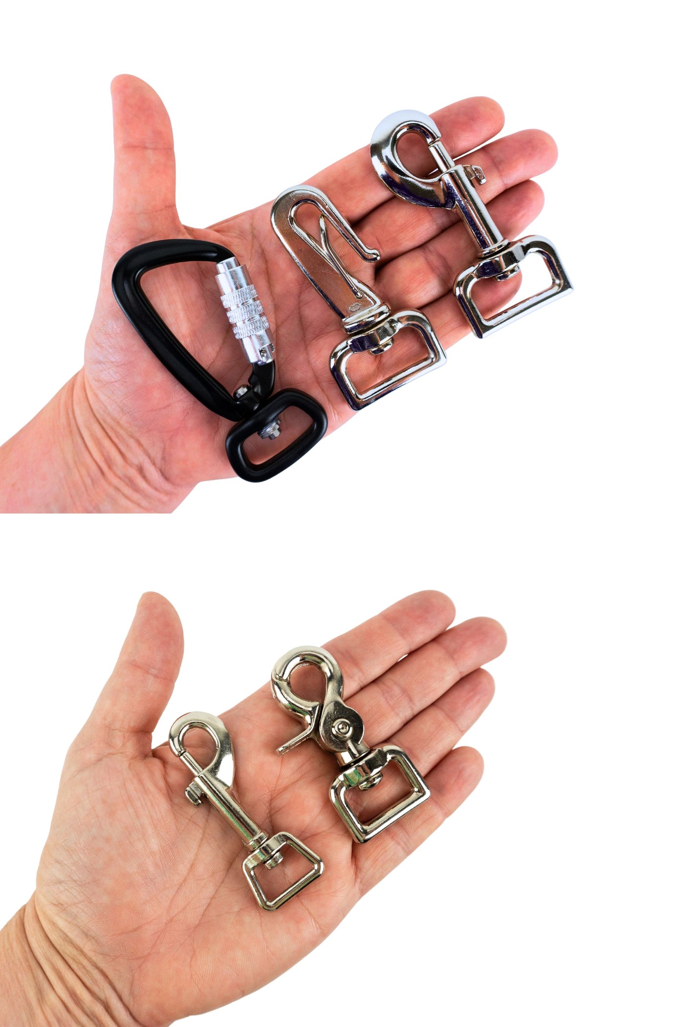 hardware selection for custom dog leashes, includes auto locking carabiner, gooseneck clip, swivel snap bolt, and trigger snap.