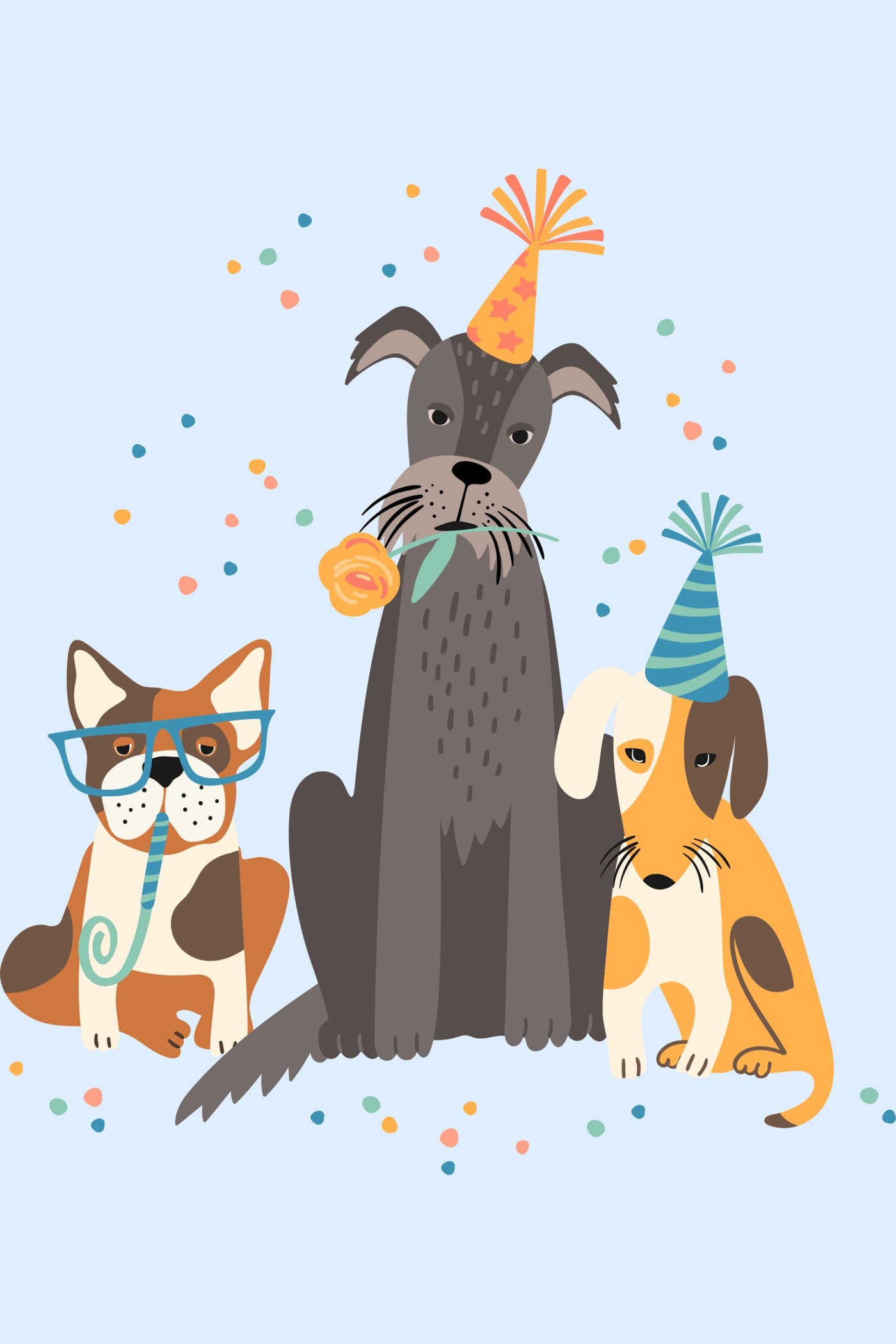 Illustration of three dogs wearing party hats and confetti on a light blue background
