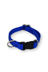 extra small dog collar in flat collar design in blue webbing with a black plastic buckle.