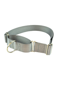 Extra wide slip-on martingale collar in silver with one and one half inch wide webbing.