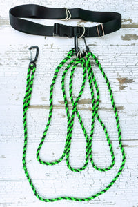 adjustable long line shown attached to a hands free leash belt by way of a carabiner through the o rings.