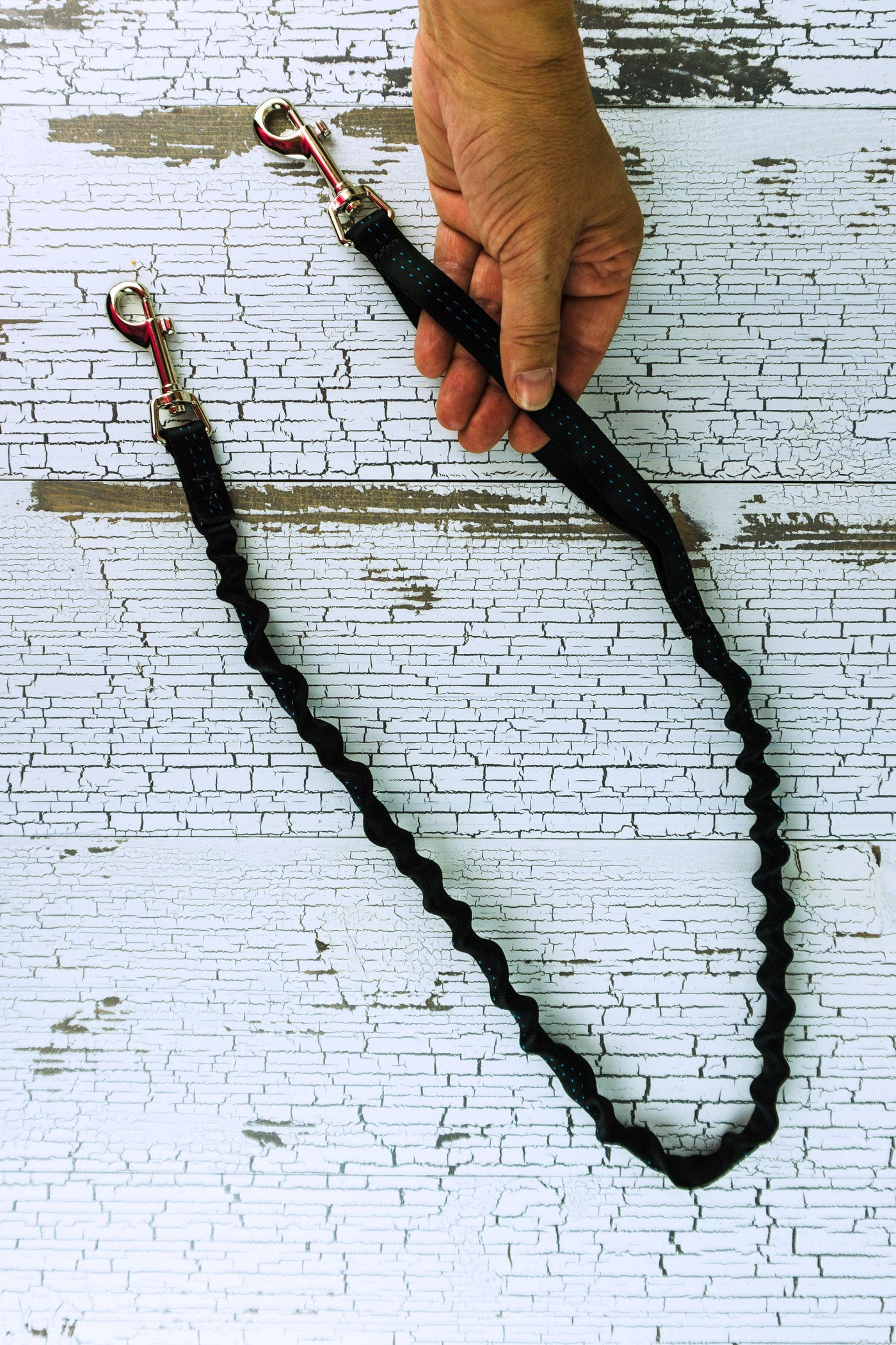 Hands free bungee leash shown with an adult hand inside the loop handle of a black webbing leash.