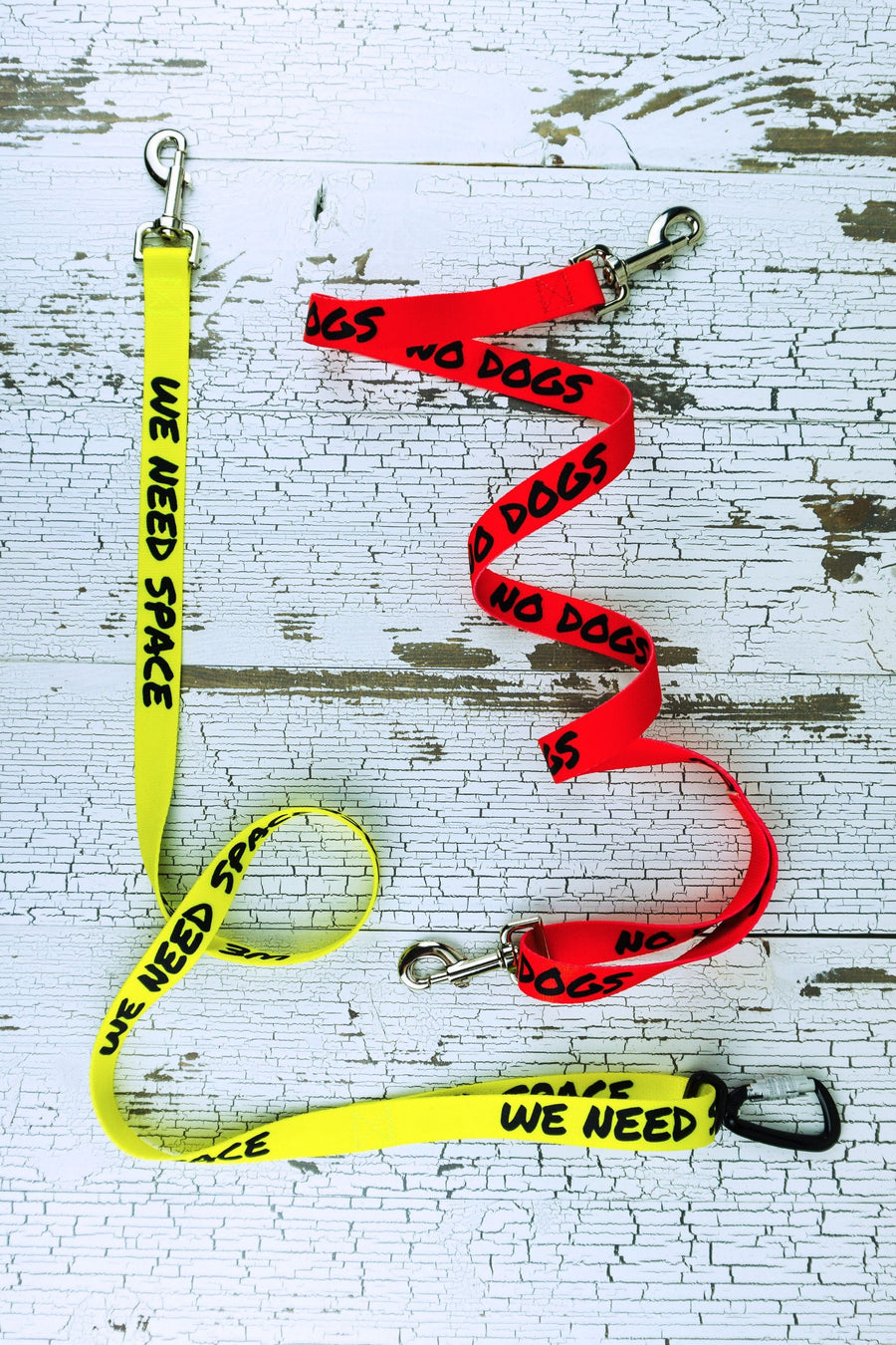 These hands free leashes with safety messages are shown here in a 6 foot length, including the we need space message on yellow with the auto locking carabiner hardware selection, and the no dogs on red message with the snap bolt hardware option.