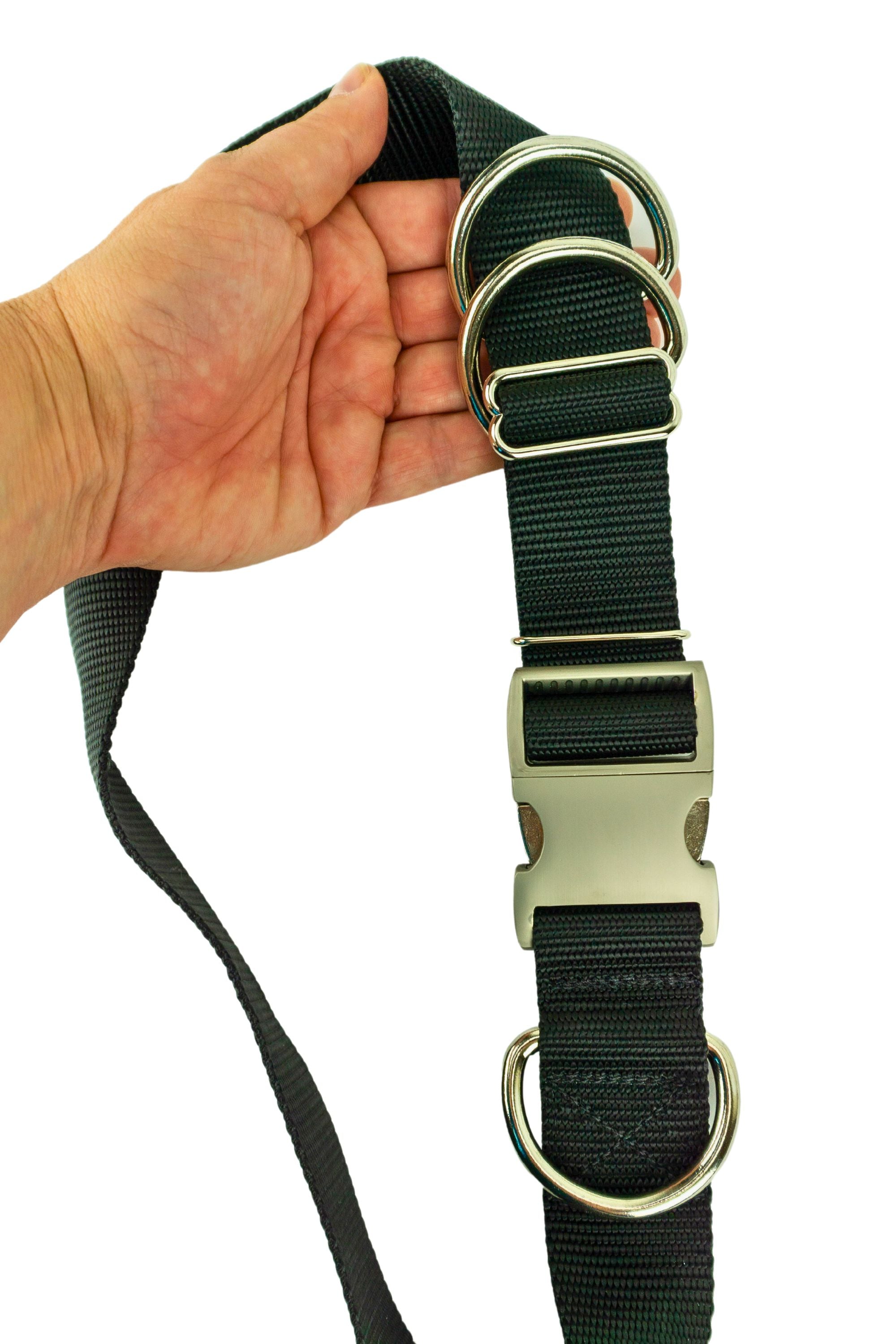 Heavy Duty hands free leash belt held in the hand of an adult to show the scale of the belt hardware.