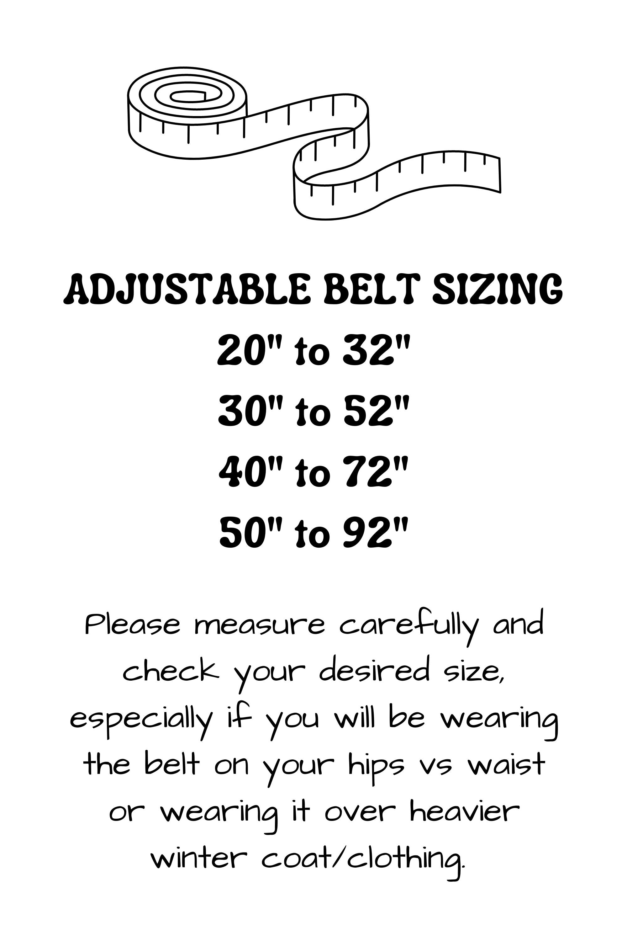 Adjustable hands free leash belts are available in four adjustable sizes, including 20 inches to 32 inches, 30 inches to 52 inches, 40 inches to 72 inches, and 50 inches to 92 inches.