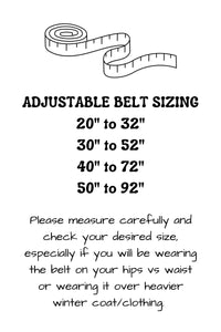 Adjustable hands free leash belts are available in four adjustable sizes, including 20 inches to 32 inches, 30 inches to 52 inches, 40 inches to 72 inches, and 50 inches to 92 inches.
