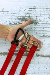 Hardware options available for the leash handles are a an auto locking carabiner, swivel snap bolt, or a heavy duty welded d ring.