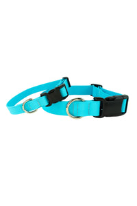 Waterproof flat dog collar shown in five eights inch width and one inch width here in the light blue adjustable coated webbing.