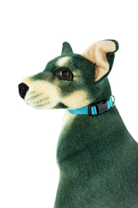 standard flat collar in five eights in wide light blue webbing shown on a dog model.