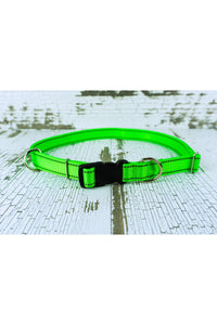 Closeup of the neon green reflective webbing light weight hands free leash belt showing the black plastic buckle, the D ring fixed next to the buckle, and the one floating d ring. The belt also includes a triglide slide and keeper for easy adjustability.