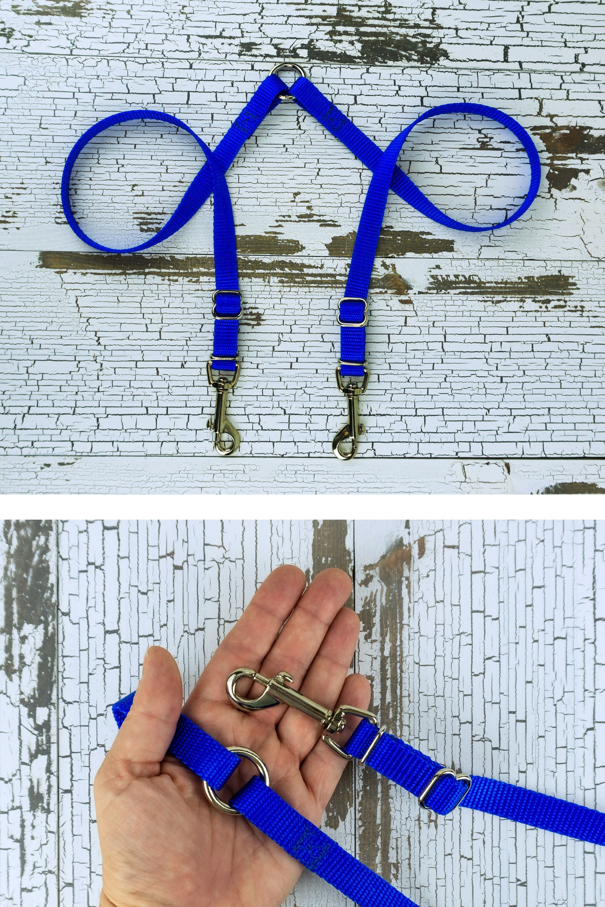 Double backup strap for small to medium dogs hardware shown on the palm of an adult hand for scale.