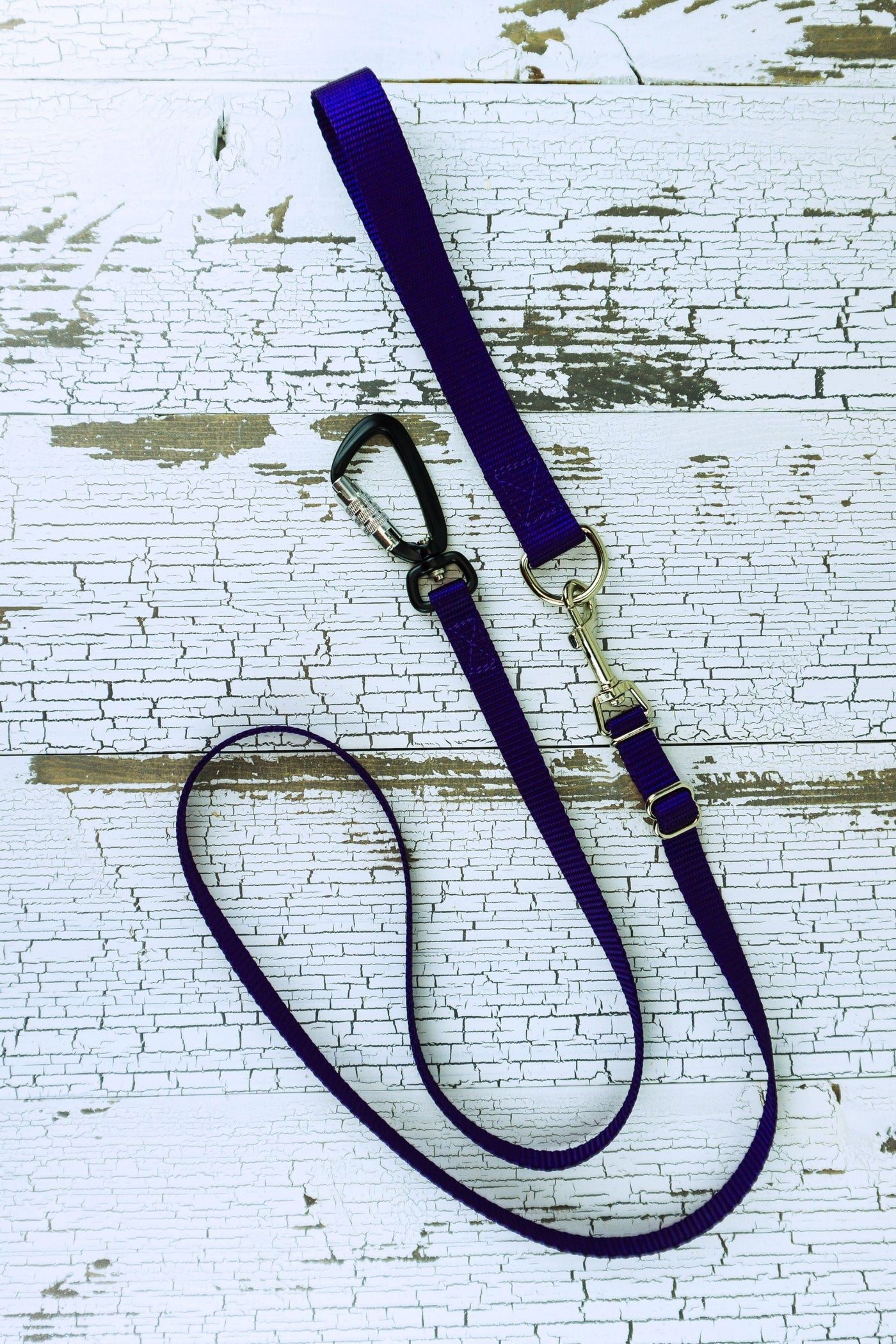 Adjustable length hands free leash for small dogs shown here in purple, converted to a handheld leash by adding a leash handle with a d ring.