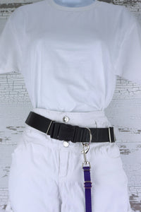 Purple adjustable length hands free leash for small dogs shown clipped to a hands free leash belt.
