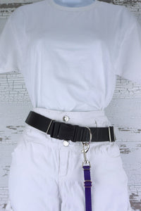 Purple adjustable length hands free leash for small dogs shown clipped to a hands free leash belt.