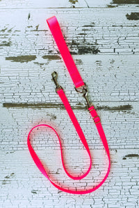Neon pink adjustable hands free leash for small dogs can be converted into a handheld leash by adding a leash handle with a d ring. Shown here in neon pink with a matching leash handle.