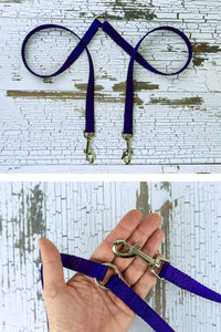 The fixed length leash coupler for small dogs is shown here, with a closeup of the hardware in the palm of an adult hand for scale.