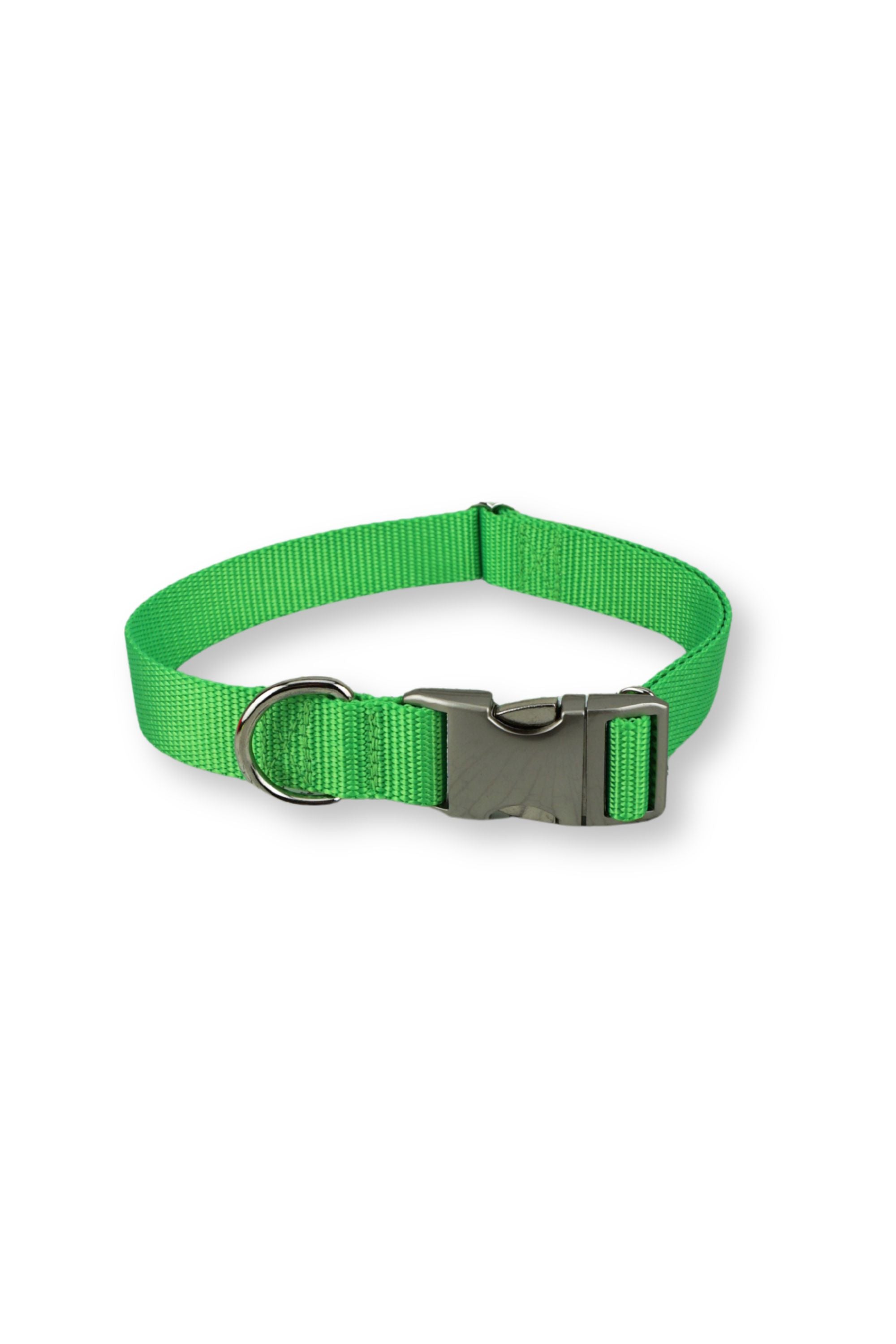 Neon green one inch wide webbing with an aluminum buckle, d ring next to the buckle, and adjustable metal hardware.
