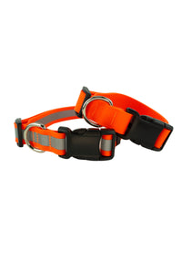 adjustable quick release buckle collar shown here in solid neon orange and neon orange with a silver reflective center strip.