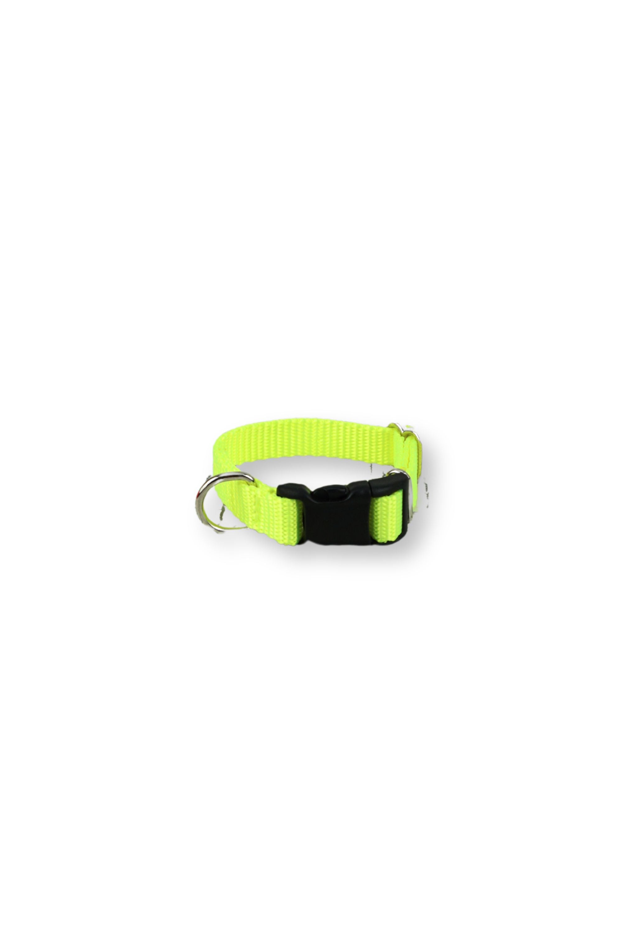neon yellow small dog collar in five eighths inch wide webbing with a black plastic side release buckle.
