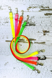 Neon adjustable length hands free leashes for medium to large dogs, shown in four neon colors and assorted colors in a flat, swirl lay.