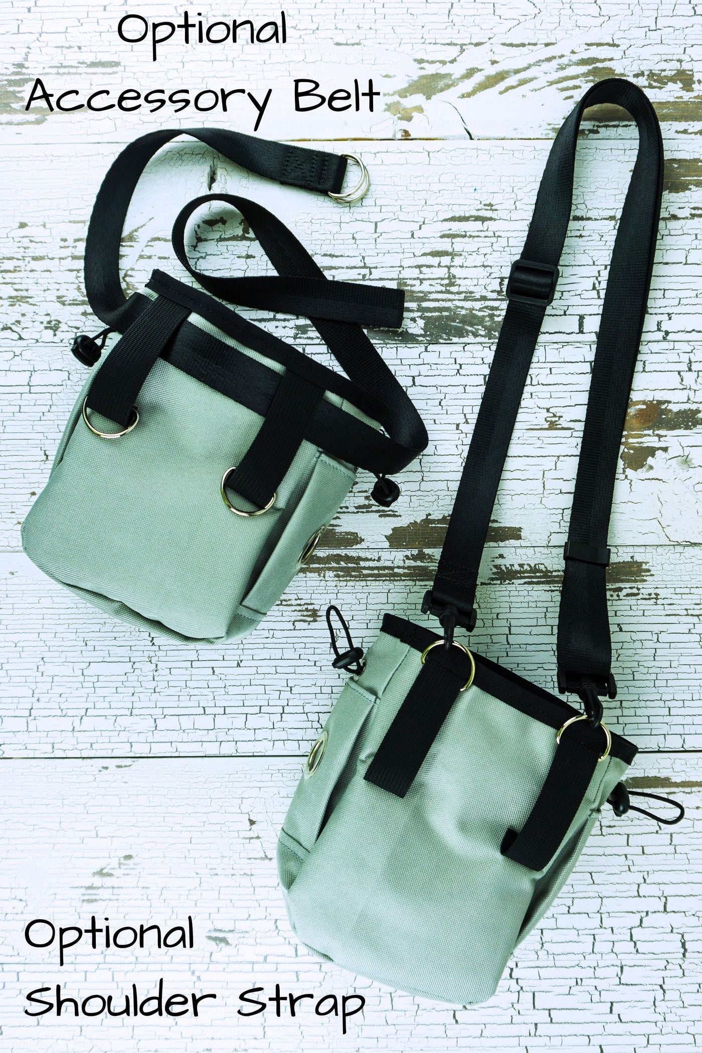 This training bag is designed to be worn on a hands free leash belt, but you may also purchase an optional accessory belt or a shoulder strap if you prefer one of those options. The accessory belt feeds through the two belt loops at the back of the treat pouch, while the shoulder strap clips onto two d rings on these belt loops.