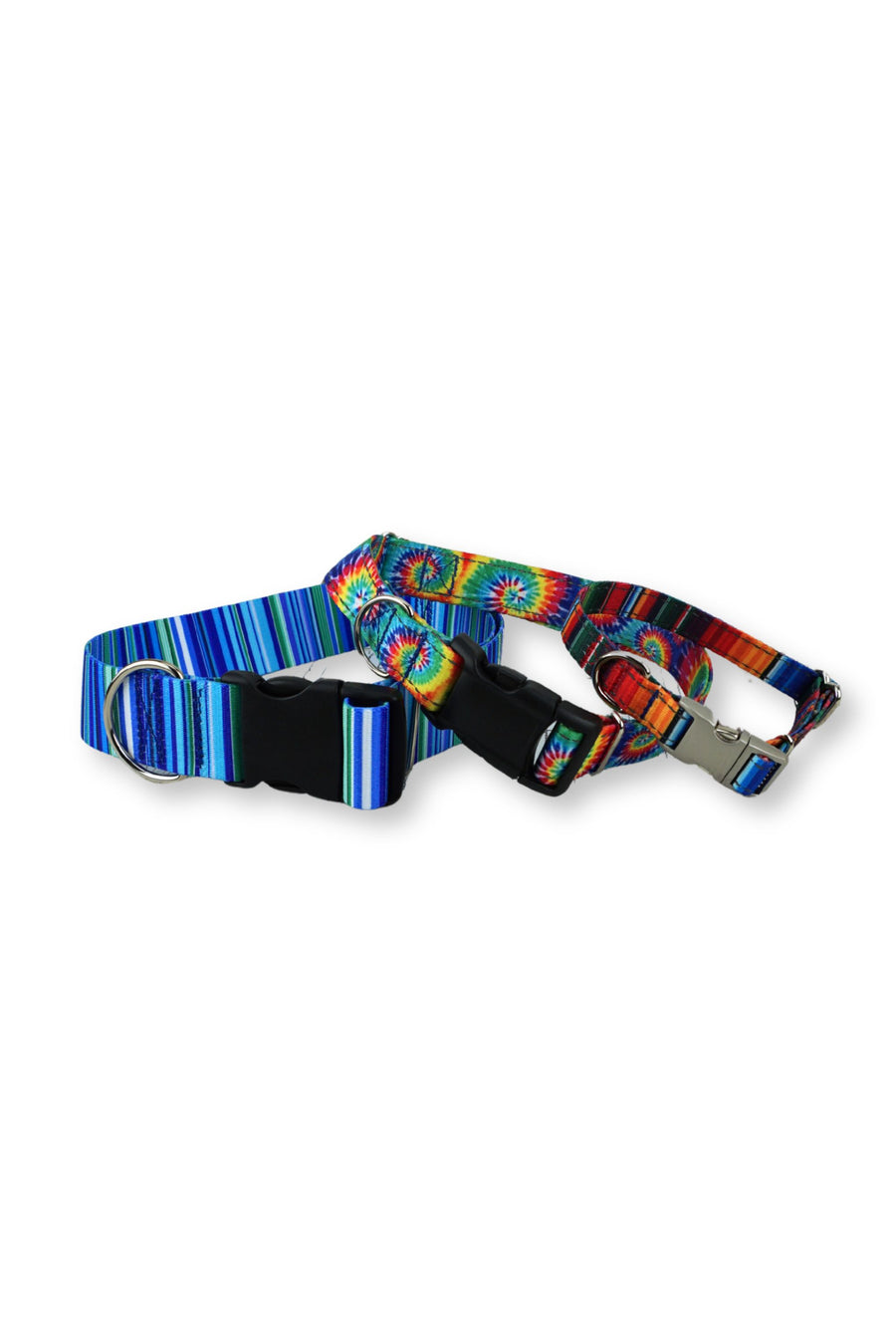 adjustable webbing collars in four patterns, three webbing widths, and two buckle options.
