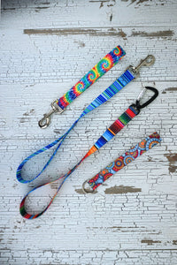 leash handles in two length of sublimated polyester webbing in 4 patterns.
