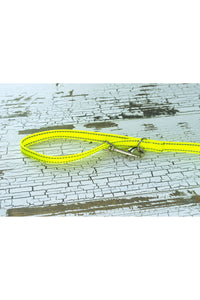 Three way adjustable and convertible leash for small dogs is shown with the end clip connected to a d ring, converting the leash to a handheld with the loop handle. Shown in a reflective neon yellow webbing.