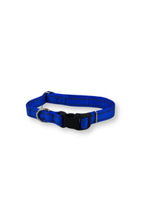 reflective blue collar in five eights inch wide webbing comes with an aluminum or plastic side release buckle, metal d ring, and other metal hardware.