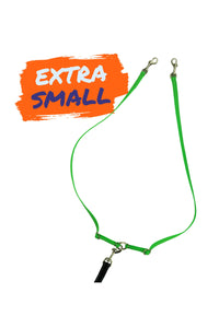 Extra small dog adjustable leash splitter shown in neon green with baby swivel snap bolts.