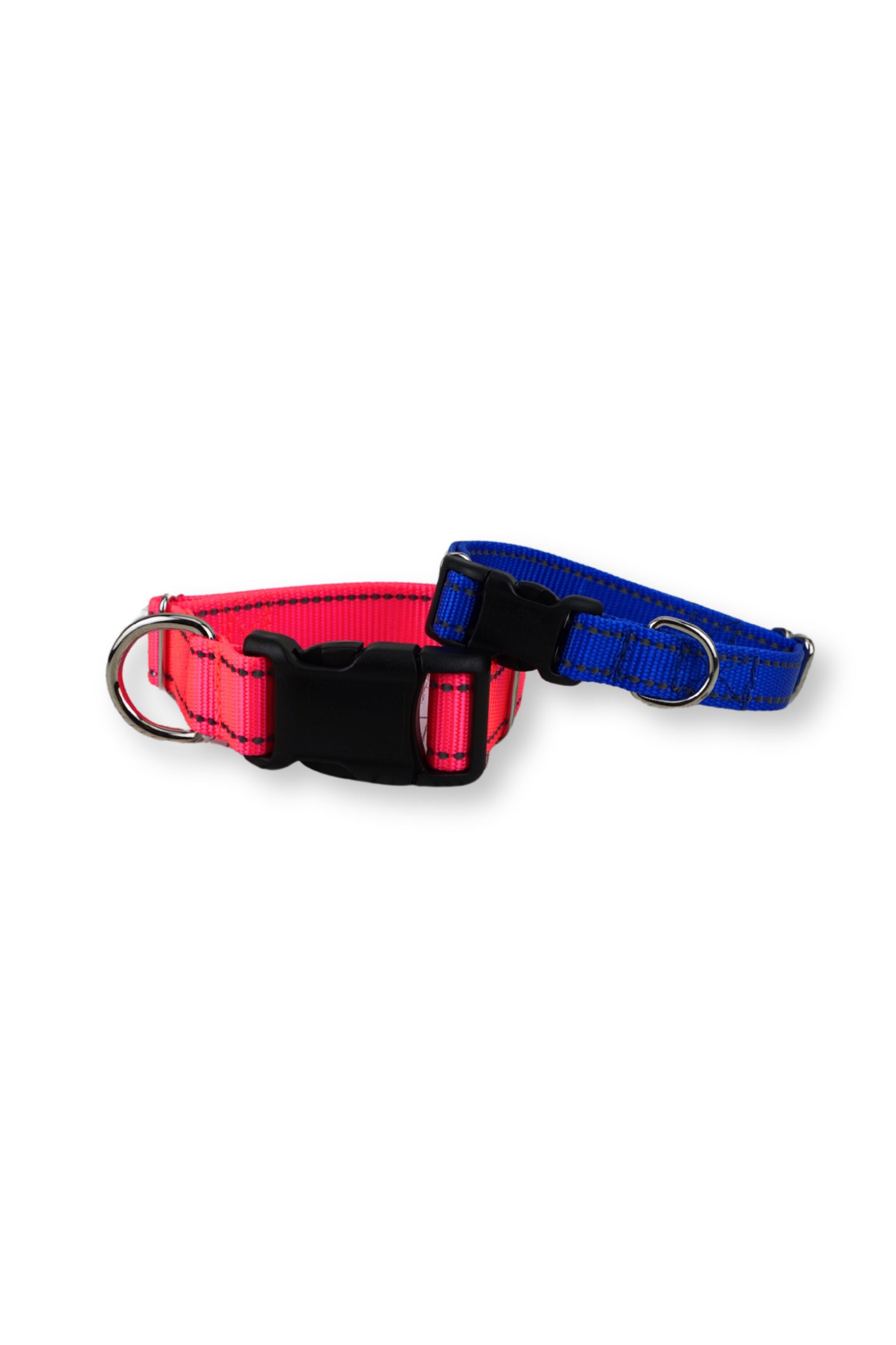 Reflective flat webbing dog collars come in 1 inch and five eights inch wide webbing.