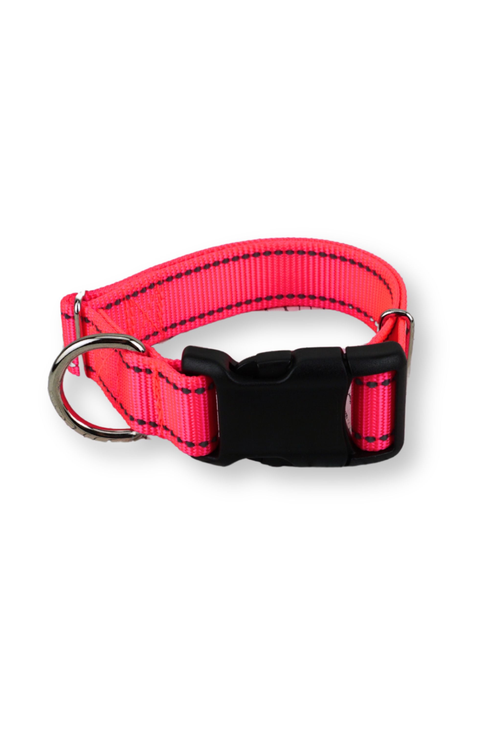 reflective neon pink collar in one inch wide webbing comes with an aluminum or plastic side release buckle, metal d ring, and other metal hardware.