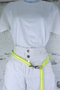 Three way adjustable and convertible leash for small dogs is shown in the waist belt configuration, made in a reflective neon yellow webbing.